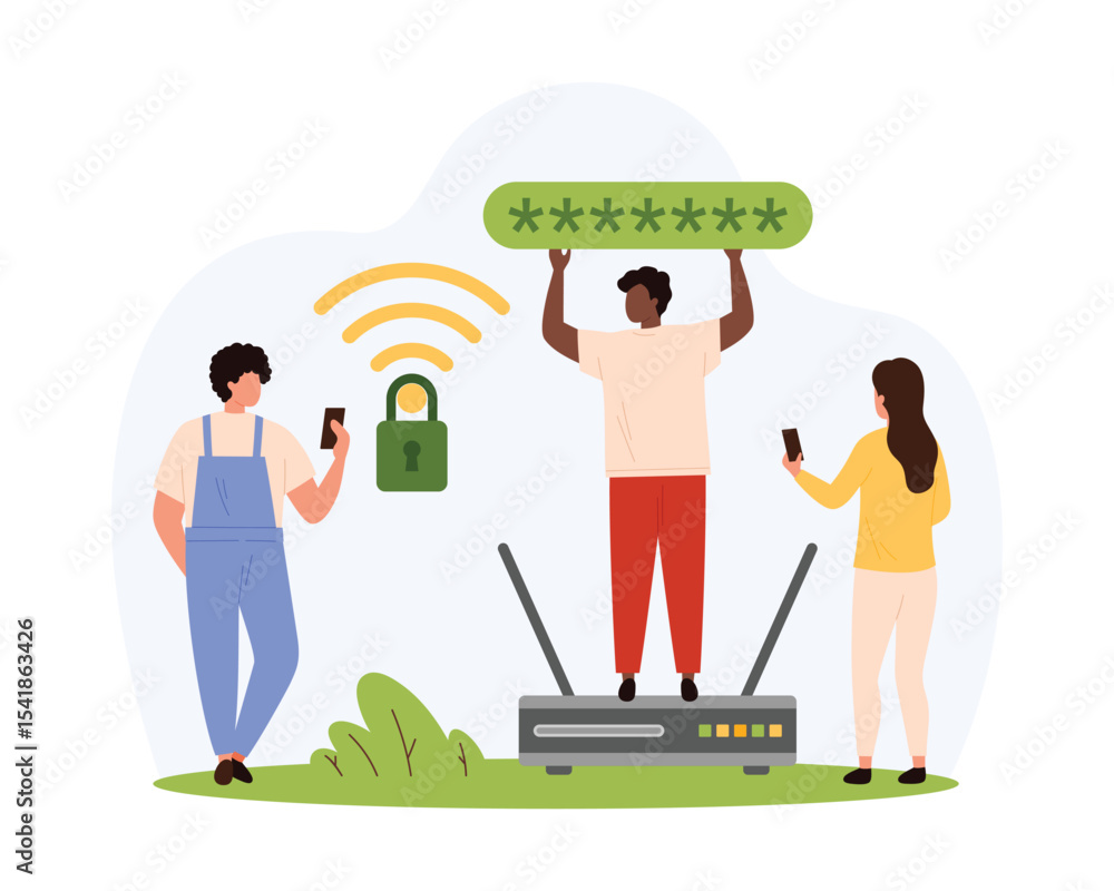 Poster wireless connection protection with password, cyber security and wifi safety. tiny people protect ac