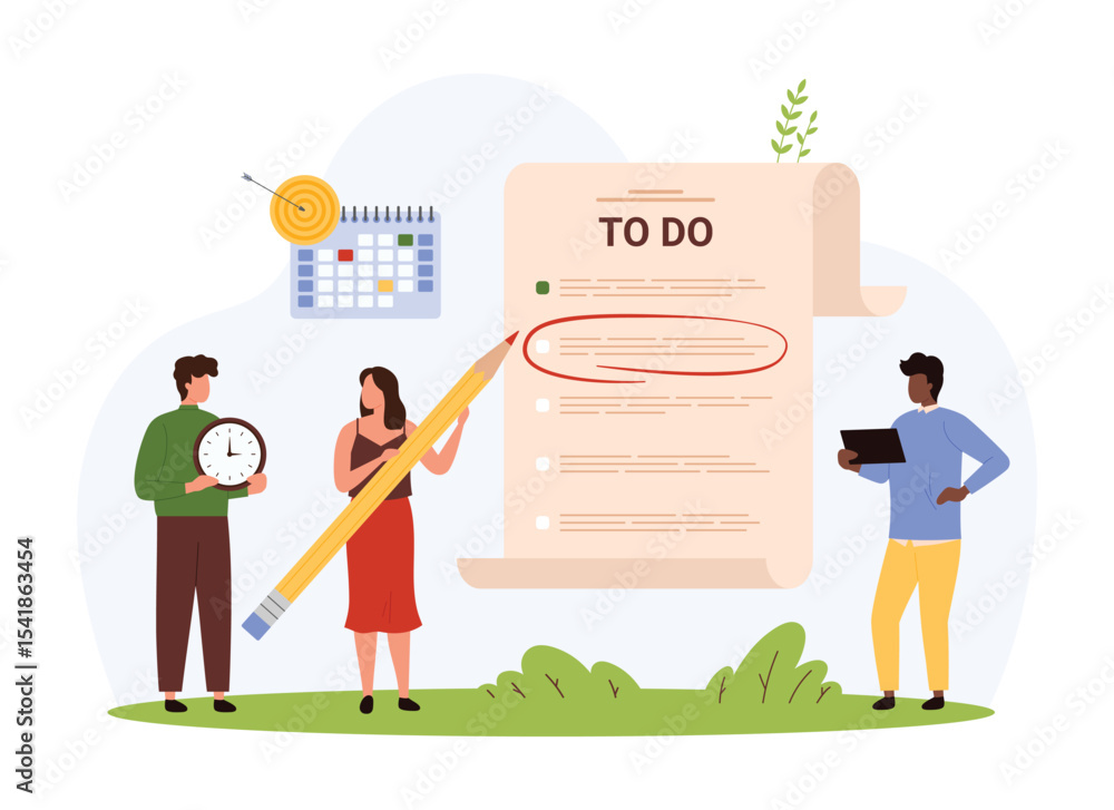 Poster document with checklist of tasks for business process organization, to do list. tiny people with pen