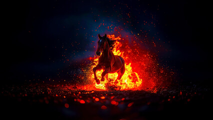 Dynamic image of Red Fire Horse, symbol of the year 2026 according to the oriental calendar. AI, Illustration, Generation, Generated image.
