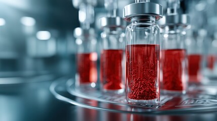 These glass vials filled with bright red serum exhibit bubbles, showcasing modern pharmacology and the aesthetic of lab environments in a striking and vibrant way.