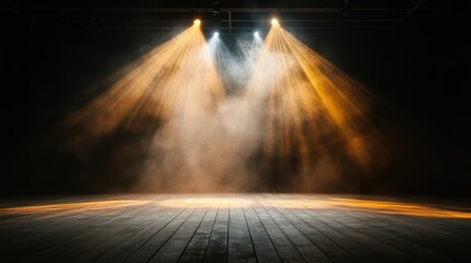 The photo captures dramatic stage lights piercing through smoke, creating an atmospheric effect that evokes excitement and anticipation in theatrical performances.