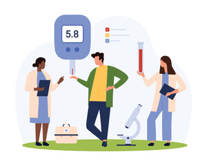 Hypoglycemia and hyperglycemia control in diabetes for insulin therapy vector illustration. Cartoon tiny people with glucometer check sugar level in blood of sick patient, doctors monitoring health