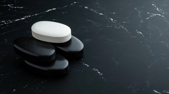 An artistic arrangement of black and white soaps on a sleek marble surface showcases a minimalistic aesthetic, highlighting simplicity and elegance in design and decor.