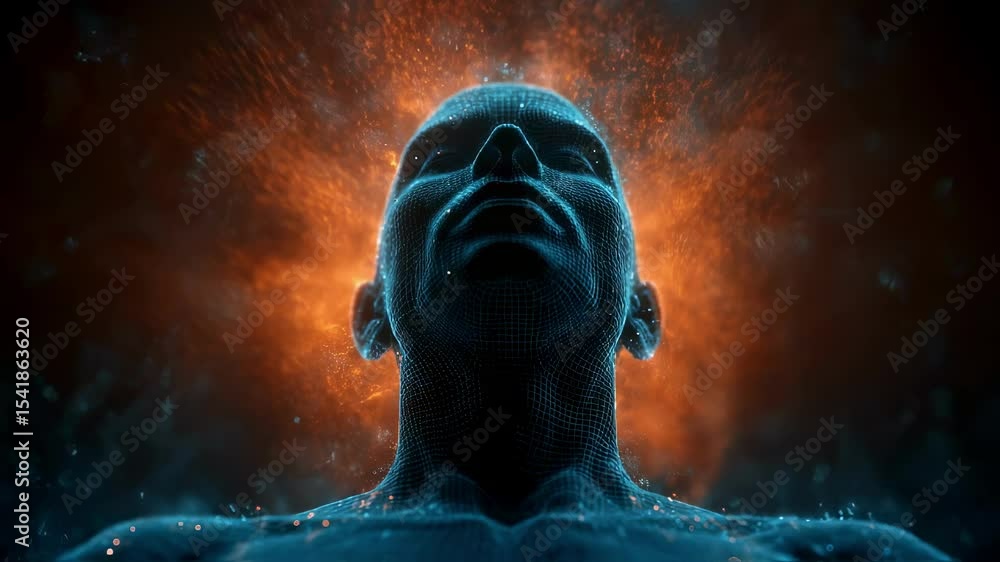 Poster wireframe human head glowing with orange and blue energy particles, revealing neurological patterns 
