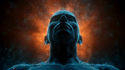 Wireframe human head glowing with orange and blue energy particles, revealing neurological patterns of deep meditative state and brain wave visualization during profound relaxation - Powered by Adobe