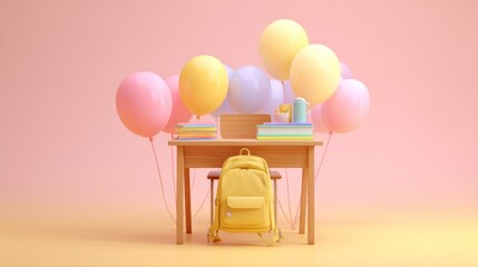 Pastel-colored school desk scene with balloons and supplies