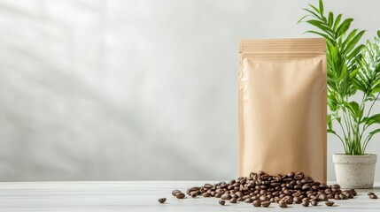 A stylish coffee packaging stands on a wooden surface surrounded by rich coffee beans, capturing the essence of freshness and quality in one appealing composition.
