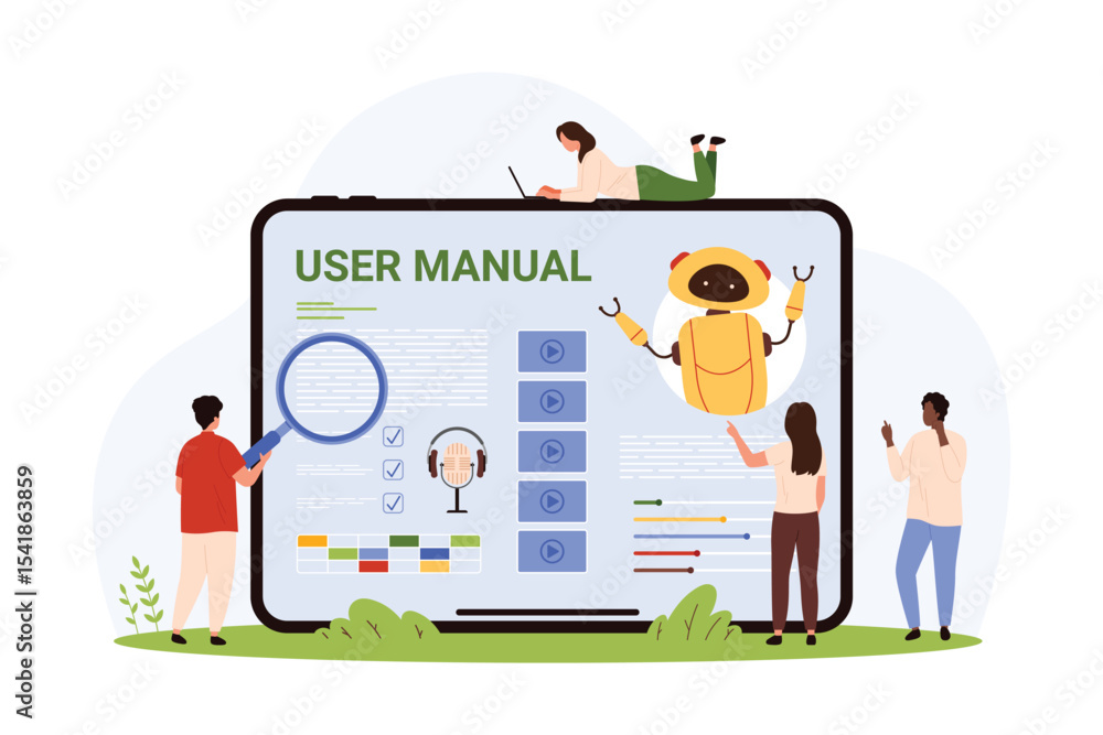 Poster user manual chatbot, ai bot of mobile app for customer support. tiny people with magnifying glass wo