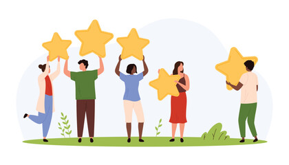 Customer review, users recommendation and rating five stars vector illustration. Cartoon diverse group of tiny people holding 5 to vote for excellence of product or service, good experience evaluation