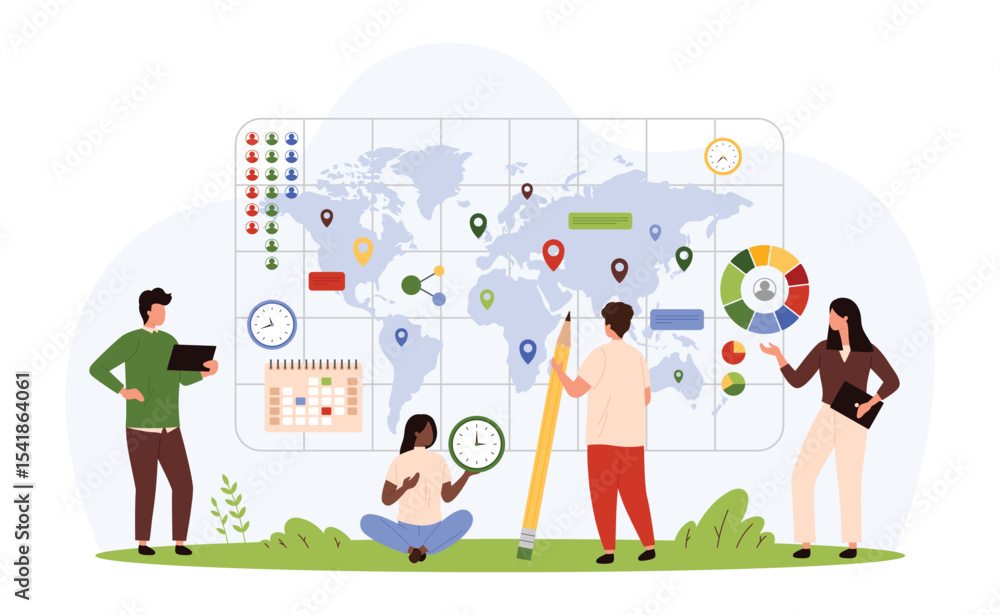 Poster sociology research, world map visualization with survey results. tiny people work with global statis
