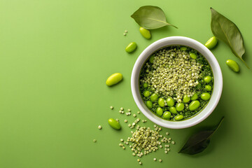 Overhead composition of matcha-infused salad with edamame, quinoa, and avocado, modern healthy lunch setting.