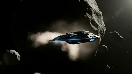 A futuristic spacecraft navigating through an asteroid belt with cosmic dust in the background - Powered by Adobe