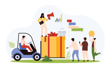 Advantages of loyalty referral program for consumer, benefits and bonuses, giveaway. Tiny people carry giant gift box on forklift for tiny audience, share prize for friends cartoon vector illustration © Iconic Prototype