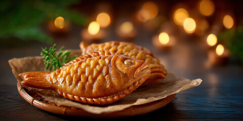 Fish shaped pastry with golden brown crust on wooden plate with warm bokeh lights creating cozy and inviting atmosphere
