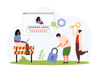 Wrong password, notification of security protection system. Tiny people holding key to open lock, mobile SMS or push chat message of alert information about virus attack cartoon vector illustration