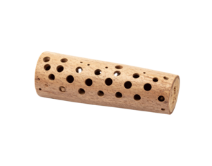 Cylindrical Light Brown Wood Block with Multiple Perforated Holes.