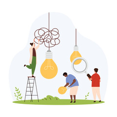 Digital idea research vector illustration. Cartoon tiny people unravel tangled wire of hanging glowing light bulb, characters holding magnifying glass and money to invest in success creative solution