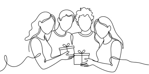 Continuous Line Drawing of Friends Group Exchanging Gifts – Friendship Day Celebration Concept