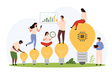 Workshop meeting, brainstorm cooperation for development of creative ideas. Tiny people work with small and big bright light bulbs, circuit inside digital project lamp cartoon vector illustration