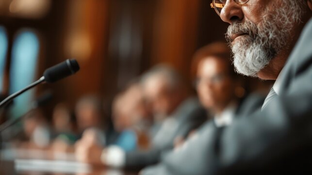 An evocative image capturing a close-up of a serious meeting, emphasizing focus and collaboration among diverse individuals in an important discussion.