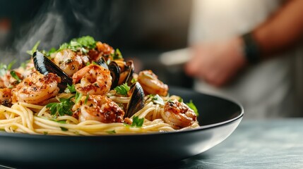 A beautifully arranged plate of shrimp pasta garnished with fresh herbs, showcasing culinary artistry and the delightful experience of enjoying gourmet food.