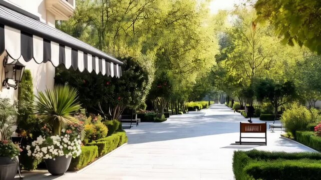 Exterior of building with black and white striped awning, landscaped walkway, garden shrubs, and manicured trees on a sunny day