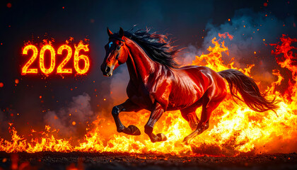 Dynamic image of Red Fire Horse, symbol of the year 2026 according to the oriental calendar. AI, Illustration, Generation, Generated image.