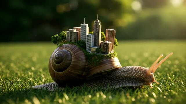 A giant snail carries a miniature cityscape adorned with greenery on its shell in a sunlit park
