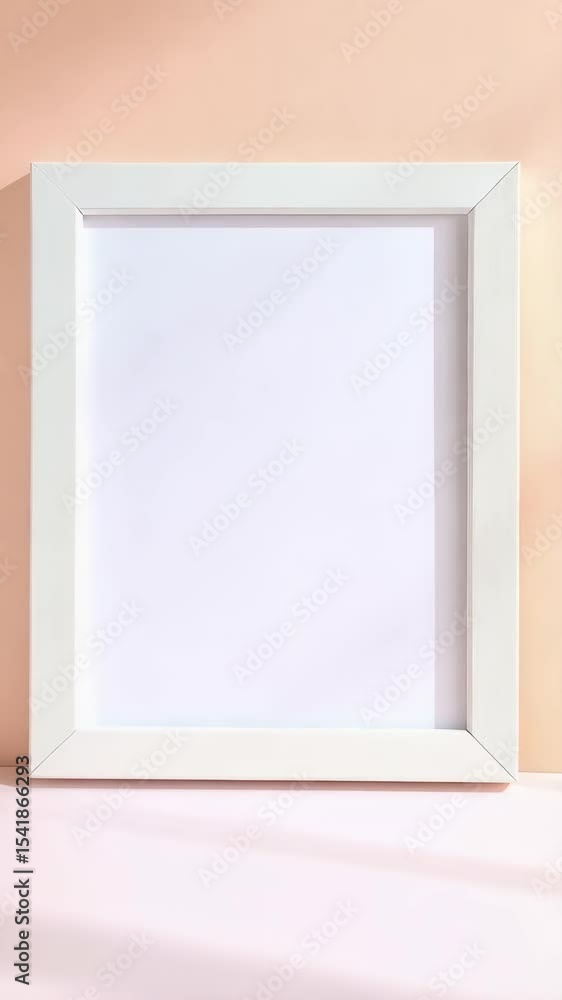 Poster white picture frame stands on a pink background with diffused sunlight and soft shadows, vertical or
