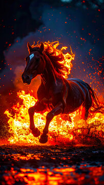 Dynamic image of Red Fire Horse, symbol of the year 2026 according to the oriental calendar. AI, Illustration, Generation, Generated image.