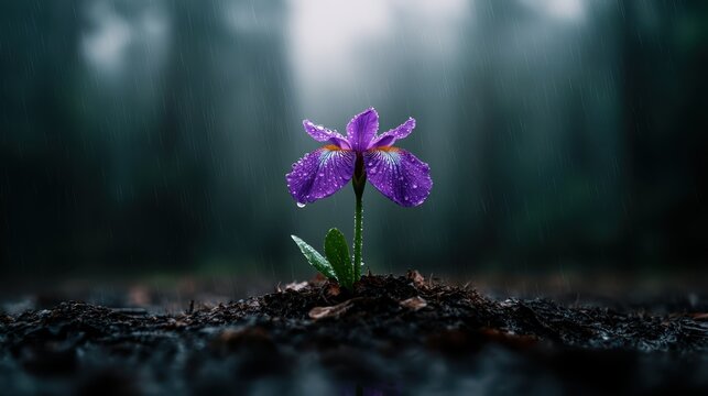 A vibrant purple flower stands resiliently against a rainy backdrop, symbolizing strength and beauty in adversity, set amidst a dark and moody forest environment.