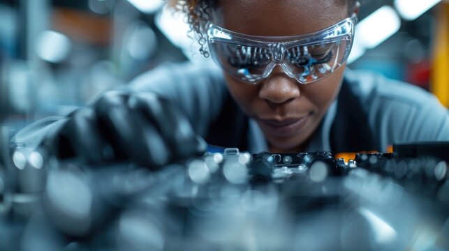 A dedicated female engineer, wearing protective gear, meticulously examines intricate machinery, showcasing determination, skill, and passion for technology in an industrial setting.