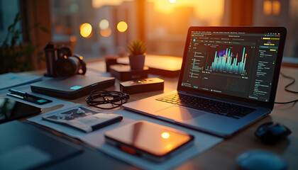 Laptop Displaying Data Graph on Desk with Camera and Other Devices