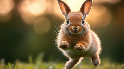A cute bunny rabbit is seen hopping across a grassy field, capturing the essence of playfulness and innocence in the whimsical beauty of a sunny natural environment.