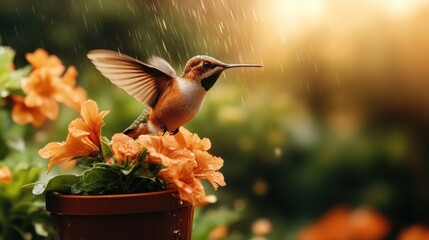 Naklejka premium A vividly colored hummingbird is hovering next to vibrant flowers, capturing the beauty of nature and movement, emphasizing the joy and harmony found in natural environments.