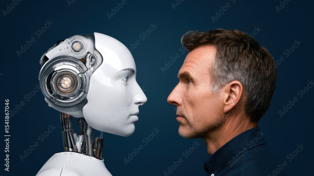 Poster human and robot face to face, representing artificial intelligence and digital transformation in the