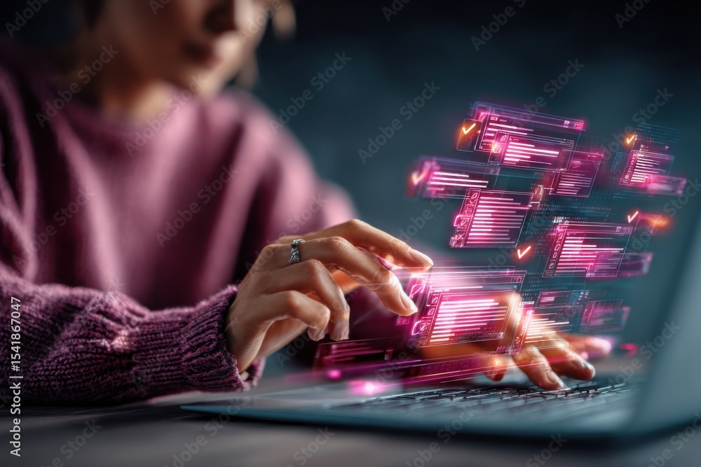 Poster woman typing on laptop with holographic interface, representing digital transformation and technolog