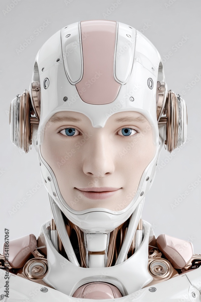 Poster smiling android woman with blue eyes and white armor, showcasing technological advancement and futur