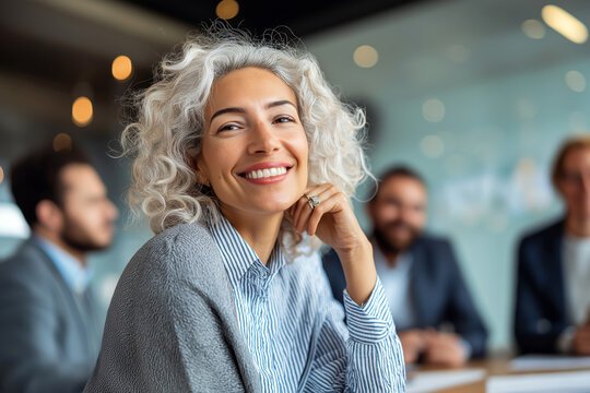 Confident female executive leading a multicultural team discussion in bright office space, collaborative atmosphere.