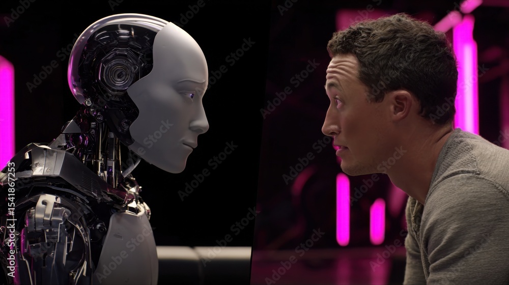 Poster Human and Robot Facing Each Other in Profile, Representing Artificial Intelligence and the Future of Technology, Suitable for Innovation and Progress : Generative AI
