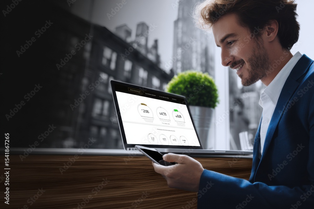Poster smiling businessman using laptop and smartphone in modern office, representing digital transformatio