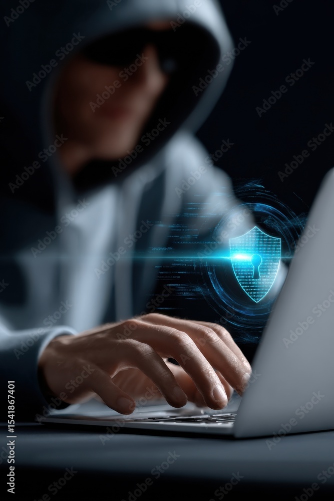 Poster hacker typing on laptop with digital shield overlay, representing cybersecurity and threat protectio