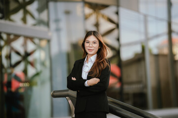 Fototapeta premium Young businesswoman wearing glasses and a black suit holds coffee and smartphone while smiling confidently outdoors in a modern urban setting.