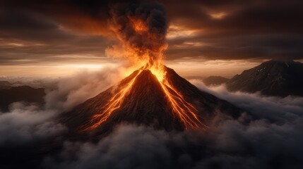 An awe-inspiring image of a volcano erupting with glowing lava, clouds of ash, and dramatic lighting creating an intense, captivating atmosphere of nature's power and beauty.