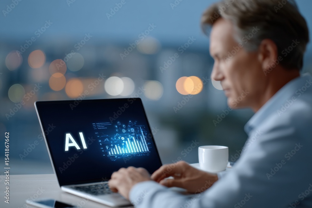 Aufkleber Man Working on Laptop Displaying AI Graphics in Modern Office, Representing Innovation and Digital Transformation for Business Strategy : Generative AI