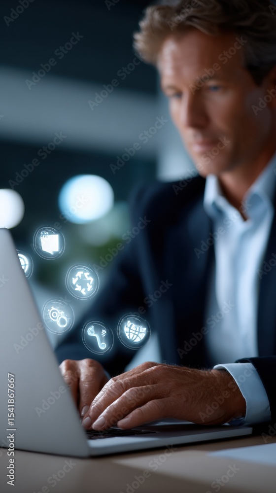 Poster focused businessman typing on laptop surrounded by glowing icons, representing digital transformatio