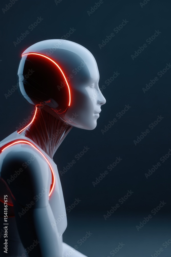 Poster futuristic robot woman with glowing red lines, representing artificial intelligence and technologica