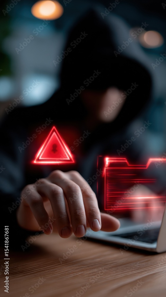 Aufkleber Hacker Accessing Data on Laptop With Red Warning Sign, Representing Cybercrime and Security Vulnerability : Generative AI