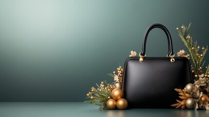 A stylish black handbag elegantly placed with delicate seasonal decorations, perfect for fashion enthusiasts looking for a blend of style and elegance.