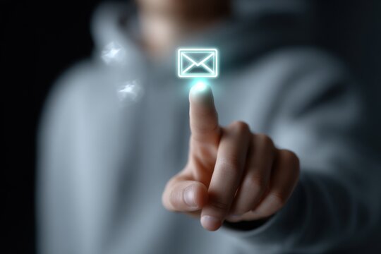 Person Touching Holographic Email Icon, Symbolizing Digital Communication and Newsletter Subscription for Modern Marketing Campaigns : Generative AI - Powered by Adobe